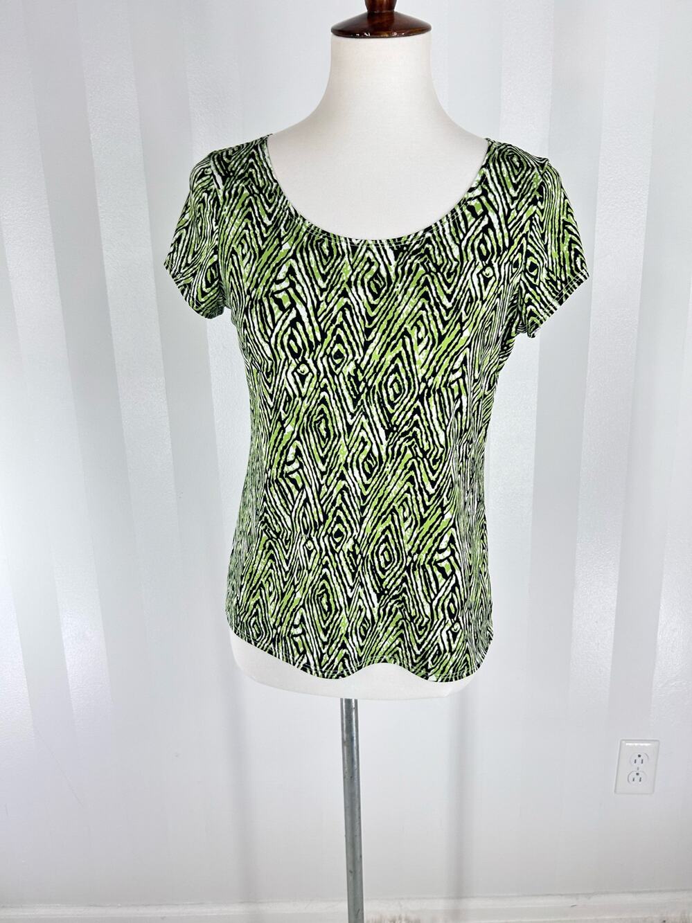 Kim Rogers Green Black Abstract Geometric Print Stretch Top Sz S